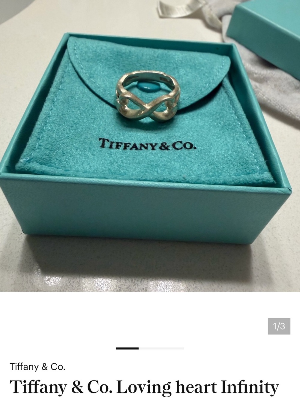 Tiffany & Co. Sterling Silver Infinity Heart Ring with Tiffany Blue Pouch